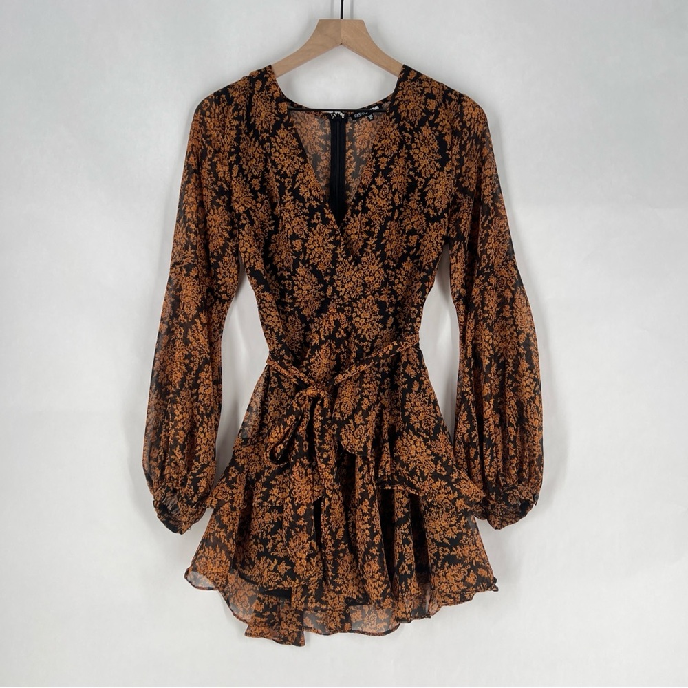 Fashion Nova Black Orange Floral Print Chiffon Long Sleeve Tie‎ Waist Mini Dress